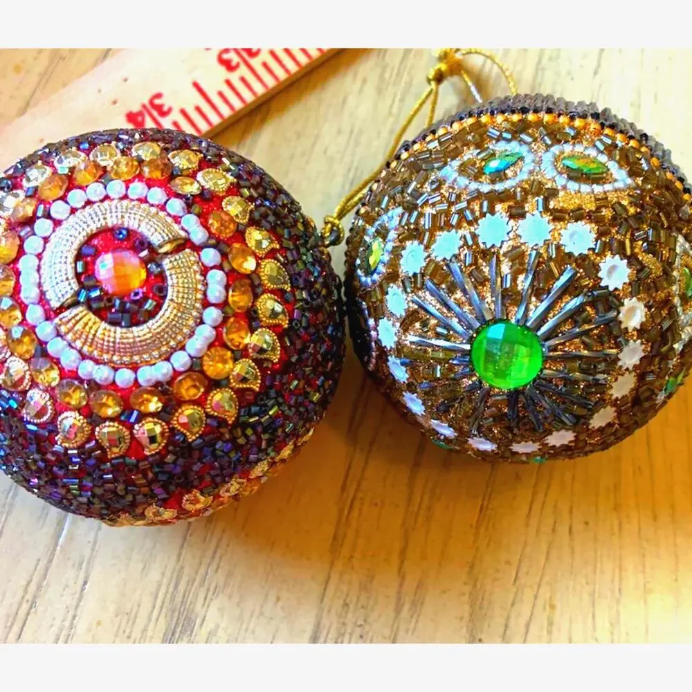 2 VTG Beaded Christmas Ornaments Jewels Balls Ornate Bling Sparkle Pier 1 Style